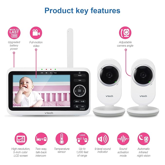 VTech [Upgraded] VM350-2 Baby Monitor, 5" Screen,2 Cameras,1000ft Range, Night Vision, 2-Way Audio, Lullabies, Secure Transmission No WiFi