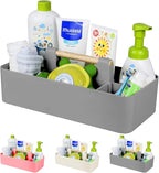 Baby Shower Caddy Plastic Nursery Portable Storage Organizer Caddy Tote for Child/Kids, Divided Basket Bin with Wood Handle for Bathroom, Dorm Room, Holdsn Bottles, Spoons, Gray