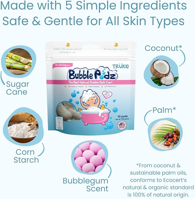TruKid Bubble Gum Bubble Podz & BubbleGlove Set – Bubble Bath Pods and 2 Wash Gloves for Parent and Child