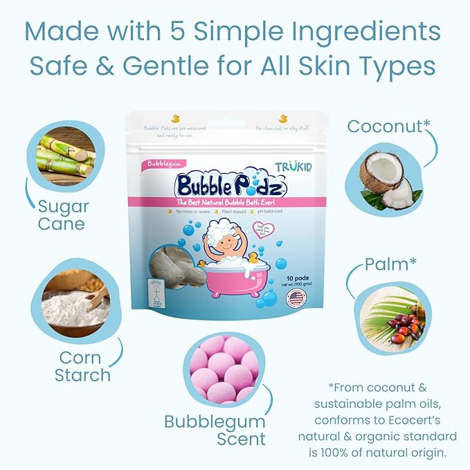 TruKid Bubble Podz Bubble Bath for Kids, Toddlers, & Babies, Tear Free Gentle & Refreshing Bath Bomb for Sensitive Skin with Natural Moisturizers, Non-Toxic, pH Balanced, Bubble Gum Scent (60 Podz)