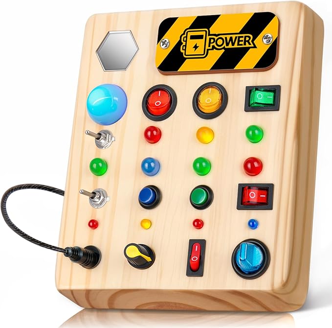 Busy Board Montessori Toys for Toddler, Wooden Sensory Board Switch Toy with Shape Sorter LED Light Up Toys Educational Plane Travel Activity for Girls & Boys