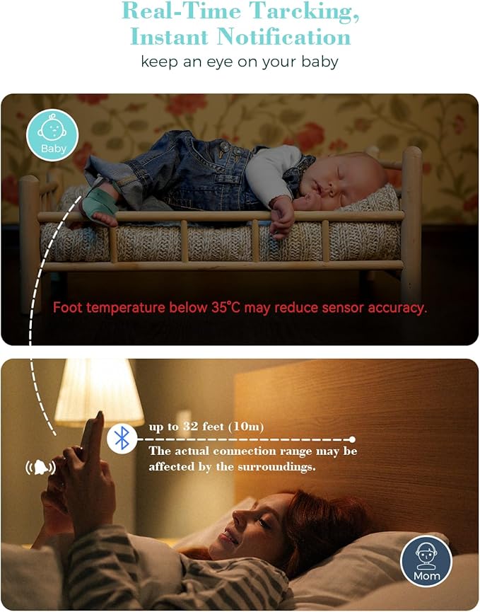 Babytone Baby Sleep Sock Monitor, Tracking Heart Rate and Movement for Infant, Wearable Foot Monitor Smart Sock with Bluetooth and APP, for 0-36 Months Newborn