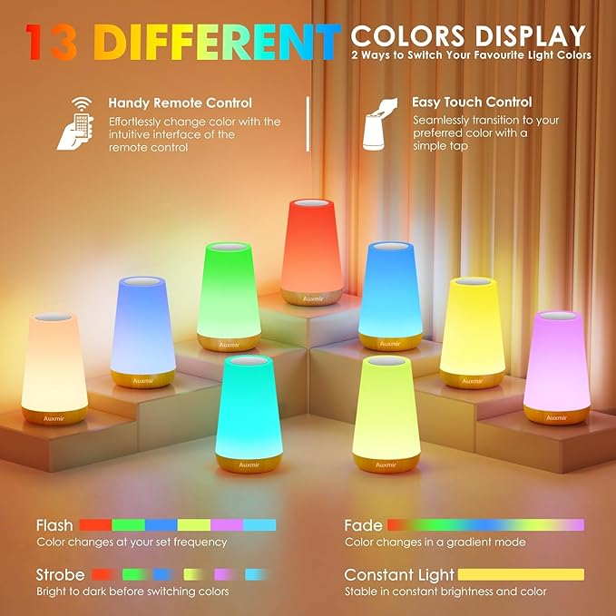 LED Night Light Bedside Lamp Touch and Remote Control Dimmable Tabletop 13 RGB Colors Changing 5 Brightness Adjustable Rechargeable Portable Lamp for Baby Kids Nursery Bedroom Bathroom Outdoor Camping