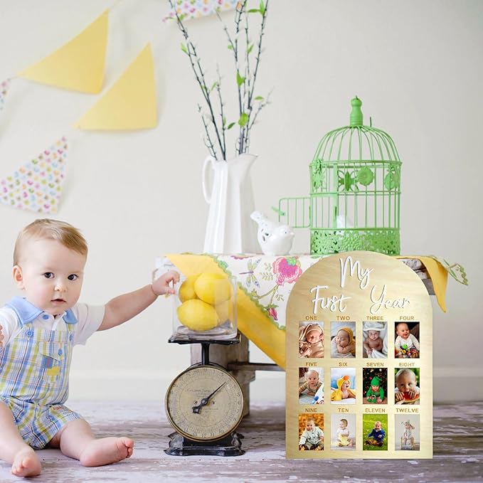 One Year Birthday Wooden Photo Board My First Year Milestone Photo Board 12 Monthly Picture Frame Baby First year Wood Acrylic Sign 1st Birthday Decorations Baby Keepsake Gift (2" x 3" photos - Wallet Size)