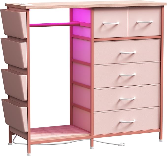 6 Drawer Dresser for Bedroom with Clothes Rack, Clothes Dresser with Side Pockets and Hooks, Charging Station & LED Lights, Wooden Top, Fabric Storage (Pink)