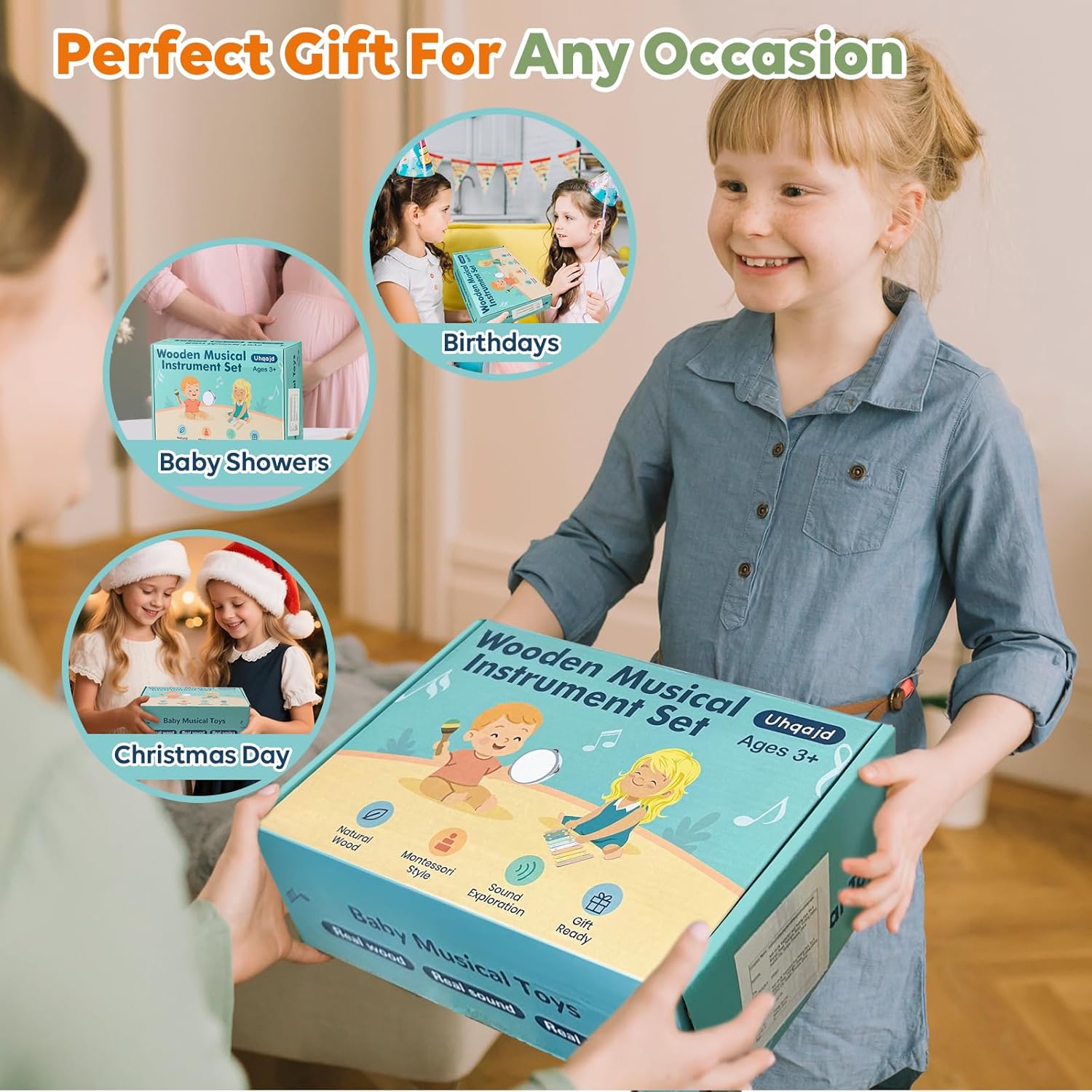 Baby Musical Instruments Set, Montessori Wooden Toys for Toddlers 3+, Neutral Colors Percussion Instruments with Xylophone, Maracas & Tambourine for Kids Preschool Educational and Birthday Gifts