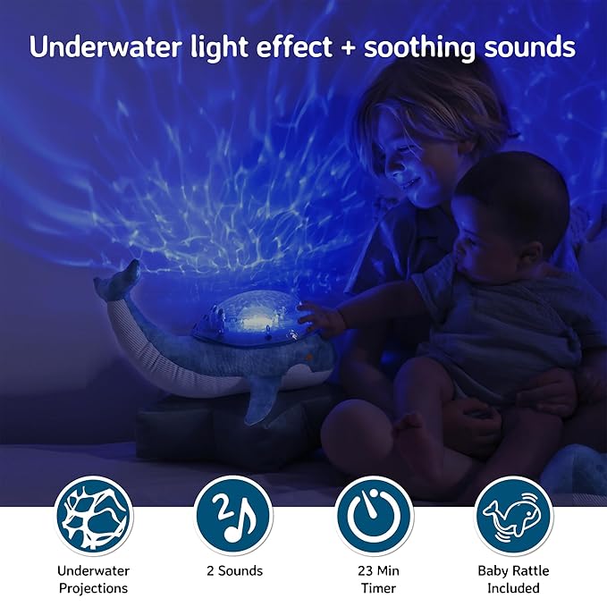 Cloud B Ocean Projector Nightlight with White Noise Soothing Sounds | Adjustable Settings and Auto-Shutoff | Tranquil Whale Family - Blue