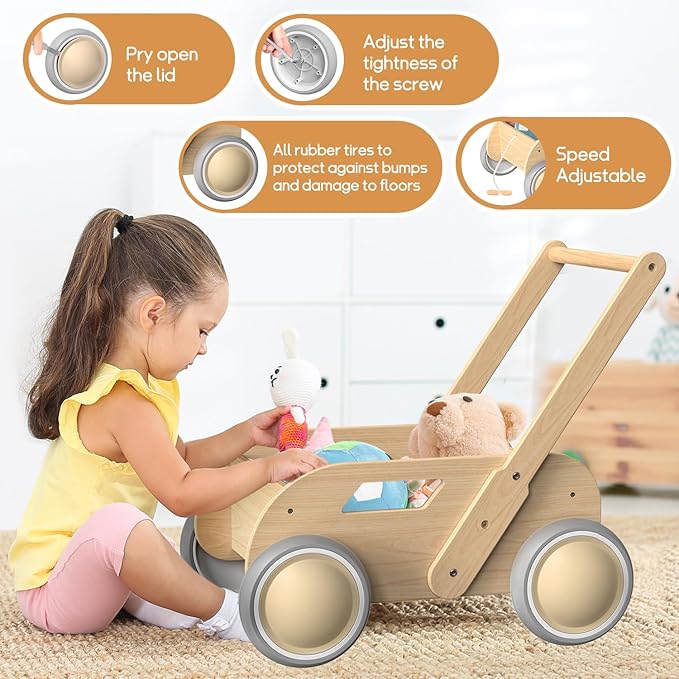 2025 HOMEKOL Wooden Baby Walker, Baby Walker, Adjustable Speed for Boys and Girls, Baby Activity Center, Birthday, Christmas and New Year's Gift, Log Color