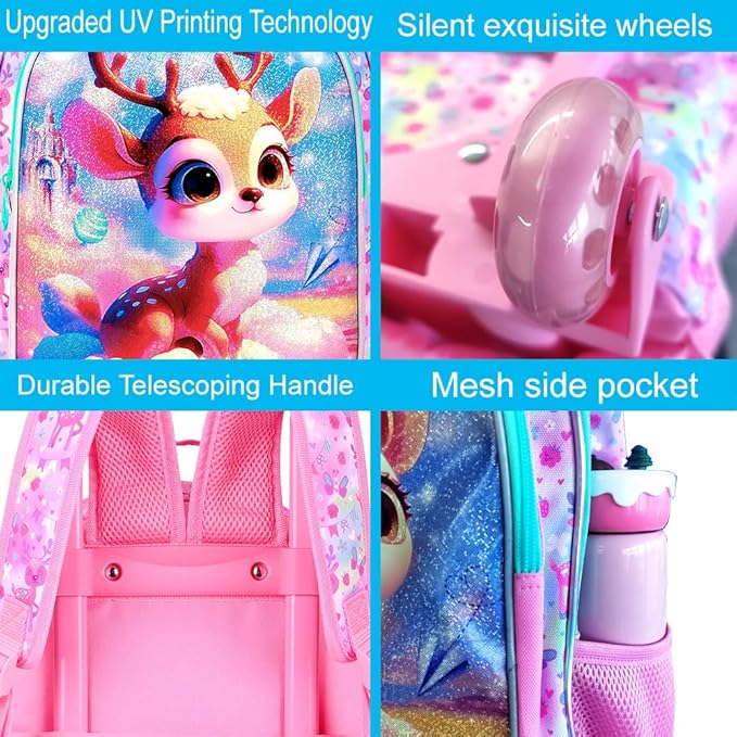 Girls Rolling Backpack, Cute Deer Roller Wheels Kids Bookbag - Wheeled Elementary School Bag - 3PCS Deer