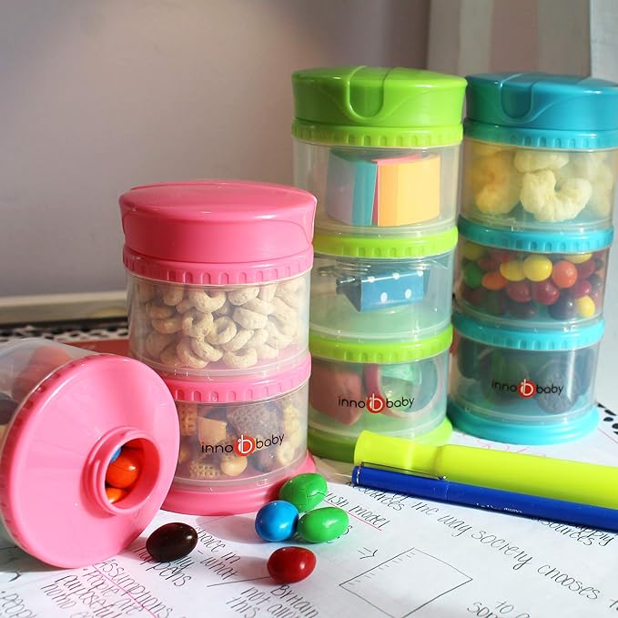 Innobaby Packin' Smart Stackable and Portable Storage System for Formula, Liquid, Baby Snacks and More. 3 Stackable Cups in Strawberry. BPA Free., 12 Ounce