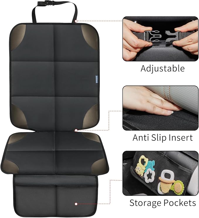 Car Seat Protector for Child Carseat, 1 Pack Protect Car Seats Cover for Baby with Thickest Padding and Non-Slip Padded Backing Mesh Pockets Kids Pets Car Back Seat Protectors(Darkgrey)
