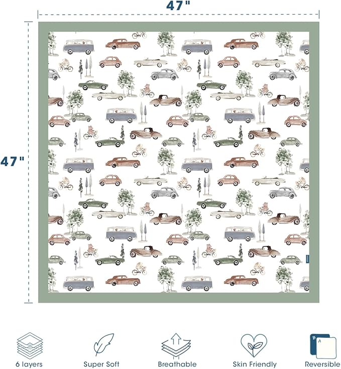 GRSSDER Cotton Muslin Quilt Blanket - Silky Soft and Breathable Baby Blanket Quilt, Oversized Muslin Blankets for Newborns, Toddlers & Kids, 6 Layers Reversible Design for All Seasons, 47" x 47"