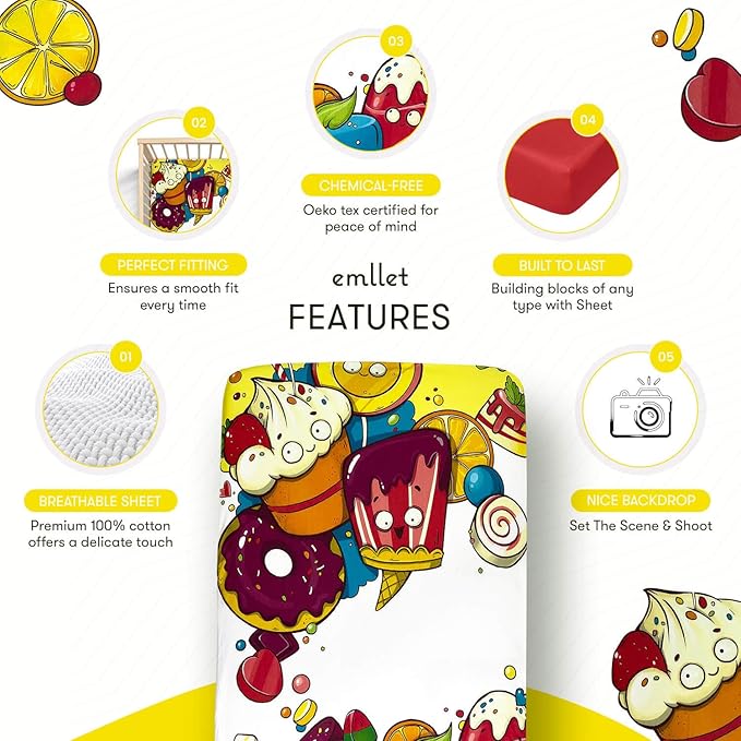 100% Cotton Fitted Crib Sheet, Sweet Treats Dessert Theme, Soft Baby Nursery Bedding for Standard Crib Mattress 52 x 28 in