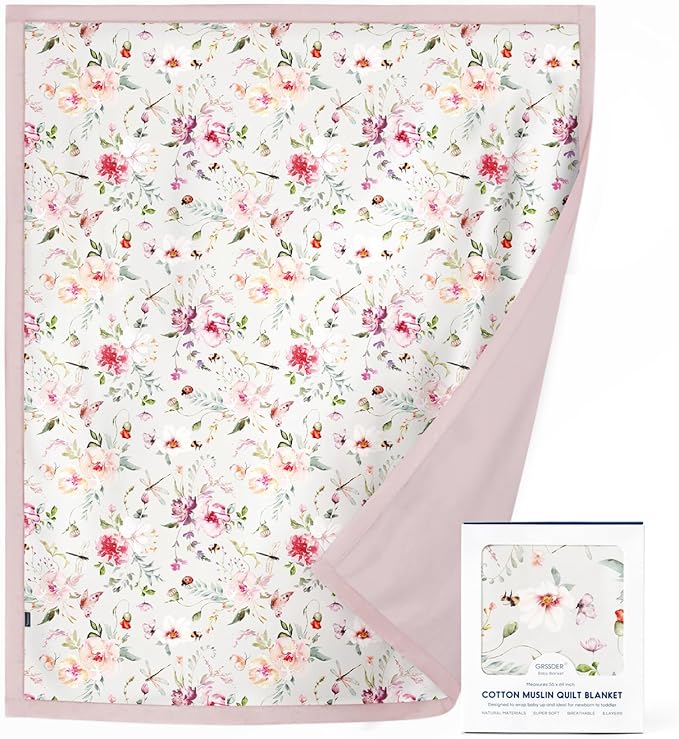 GRSSDER Cotton Muslin Quilt Blanket - Silky Soft and Breathable Kids' Throw Blanket, Oversized Muslin Blankets for Newborns, Toddlers & Kids, 6 Layers Reversible Design for All Seasons, 55" x 69"