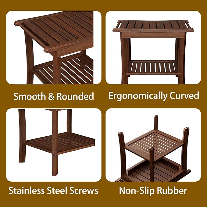 Teak Shower Bench with Shelf & Handle, 20 Inch Shower Stool for Standard Tubs & Showers, Non-Slip Waterproof Seat, Spa & Bathroom Storage Stool