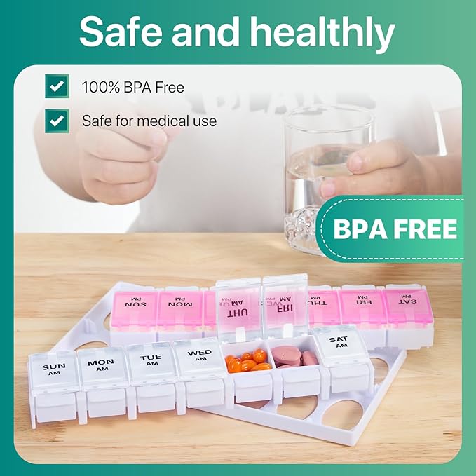 Sukuos AM PM Weekly Pill Organizer 7 Day, 2 Times A Day Medicine Pill Box with Easy Push Button, BPA Free Vitamin Cases for Fish Oil/Supplements (Pink&White)
