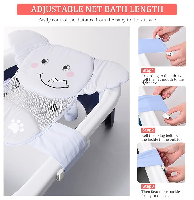 AIR&TREE Baby Bath Seat Support Net, Quick Drying, Adjustable, Comfortable, Non-Slip, Infant Bathtub Sling Shower Mesh for a Tub, with Safety Support Corners (Blue)
