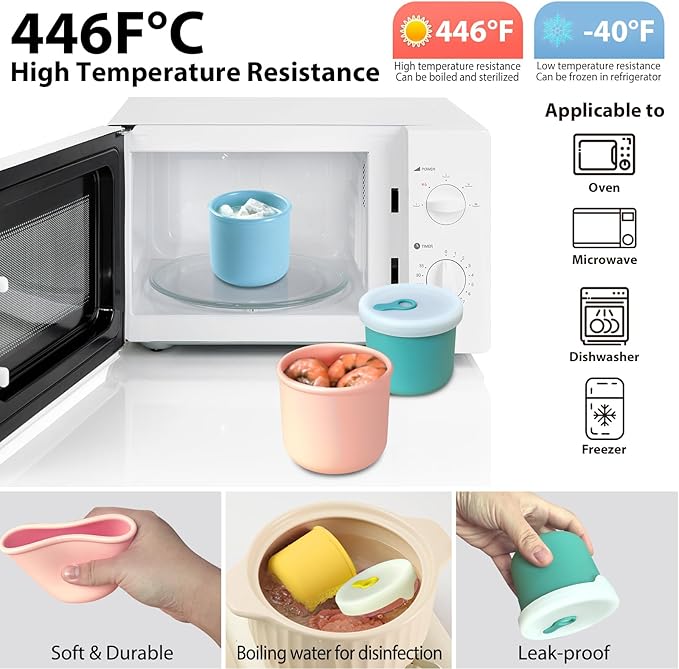 8.5 OZ Silicone Food Storage Containers, Baby Food Storage Jars with Airtight Lids and Snack Cup Lid, Freezer, Microwave and Dishwasher Safe, Reusable Snack Containers for Kids, Infant, Toddler, 4 Pcs