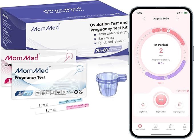 MomMed Pregnancy Test Strips (HCG20-LH60), Includes 20 Pregnancy Tests, 60 Test Strips, 80 Urine Cups, Easy to Use Ovulation Predictor Kit, Accurate Fertility Test for Women