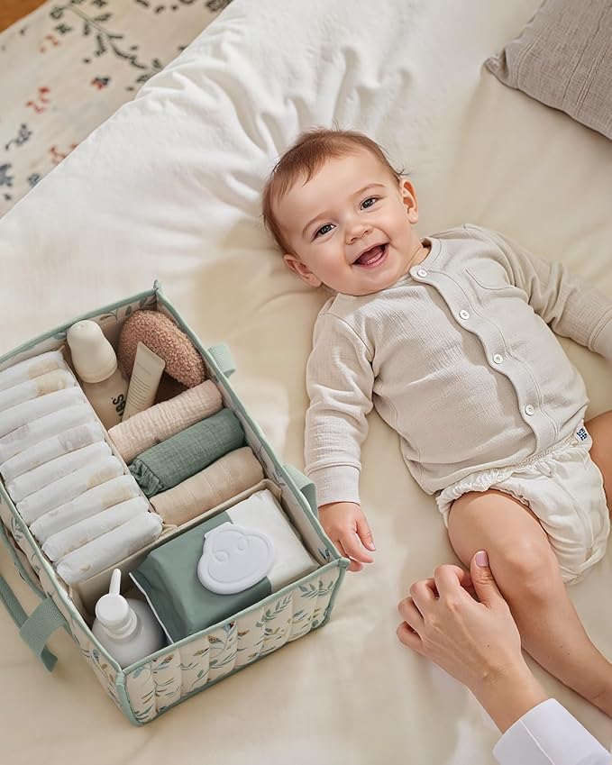 Blissful Diary Leaf Diaper Caddy Organizer, Stylish Nursery Storage Basket, Gift for Baby Shower, Newborn Essentials, Sage Leaf