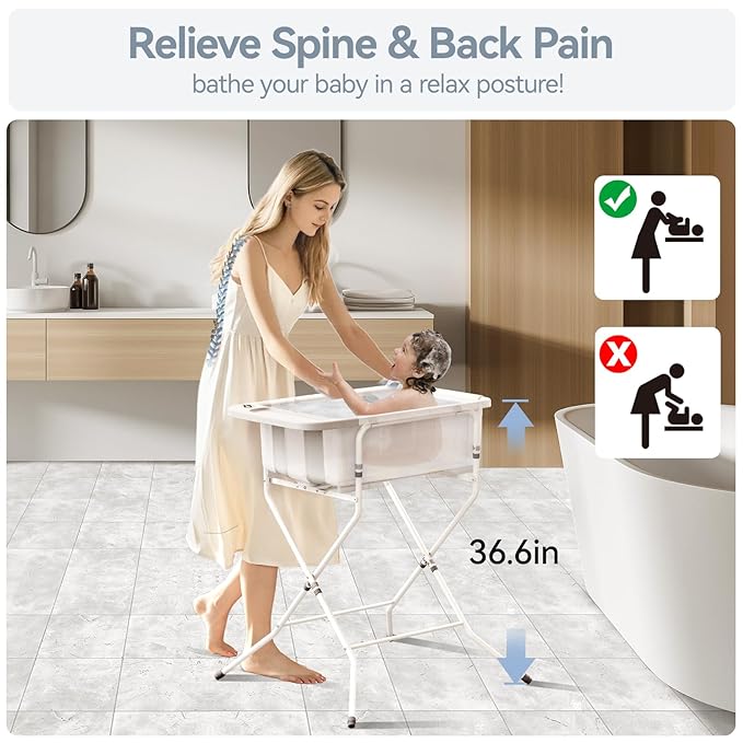 Collapsible Baby Bathtub with Stand - Large Capacity Baby Bath Tub with Thermometer & Soft Cushion | Portable Travel Newborn Infant Bathtub | Foldable Toddler Bathtub for Baby 0 to 36 Months