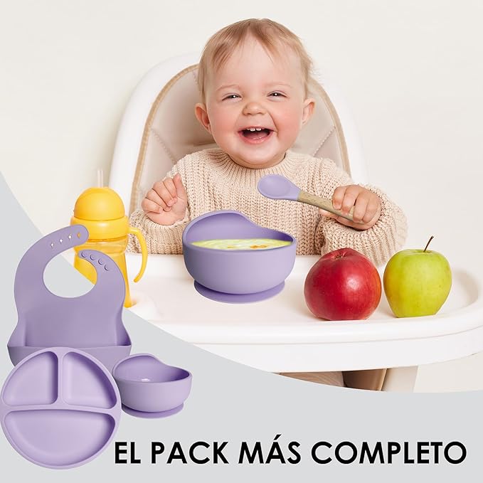 Bluet B- Silicone Baby Feeding Set - Baby Led Weaning Supplies - Baby Spoons, Suction Bowl - Plate - Baby Utensils - Silicone Feeding Set for Baby First Foods, Infant Eating - 8pcs - Purple