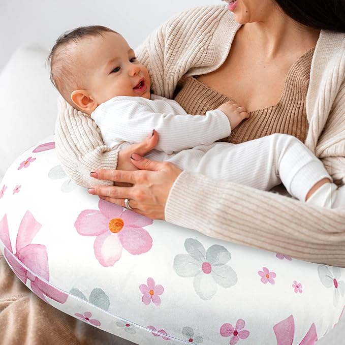 Hooyax Nursing Pillow Covers 2 Pack - Ultra Soft & Stretchable Breastfeeding Pillow Slipcovers, Adorable Cover for Infant Feeding Pillow, Perfect Fit for Most Standard Pillows (Bow Flower)