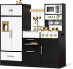 Interactive Wooden Play Kitchen for Kids 3+ Realistic Stove Sounds & Ice Maker Pretend Playset with 12 Kitchen Accessories Montessori Toy