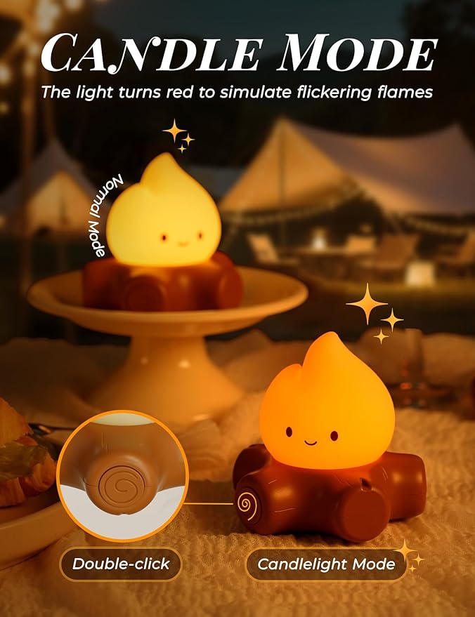 Campfire Night Light for Kids, Cute Campfire Lamp Gifts, LED Light up Flame Lights, Dimmable, Rechargeable Bedside Nightlight, Baby Nursery Dorm Kawaii Décor Toys