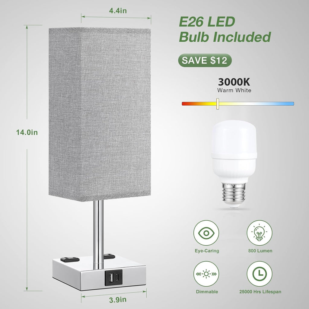 aooshine Gray Set of 2 Touch Lamps with USB Port Nightstand Lamp with USB-C+A Charge Ports & AC Outlets, 3-Way Dimmable Bedside Lamp, Small for Bedroom Living Room (Bulb Included)