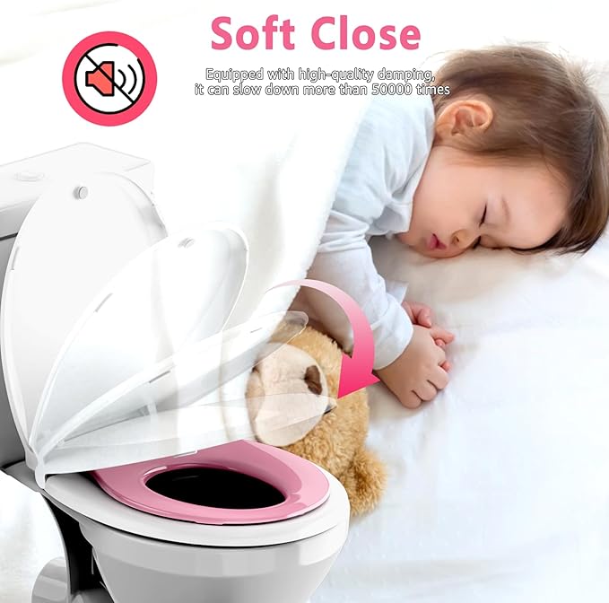 Toddler Toilet Seat with Potty Training Seat Round 16.5inch, 2 in 1 Toilet Seat for Family Built-in Baby Seat Removable, Soft Close + Easy Clean, PP Safe Material, Pink