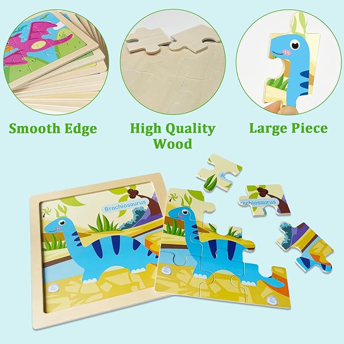 Wooden Puzzles for Toddlers 2-4, 9 Pieces Dinosaur Jigsaw Puzzles for Kids Ages 3-5, Preschool Learning Activities, Learning & Educational Toys, Gifts for Boys, Girls