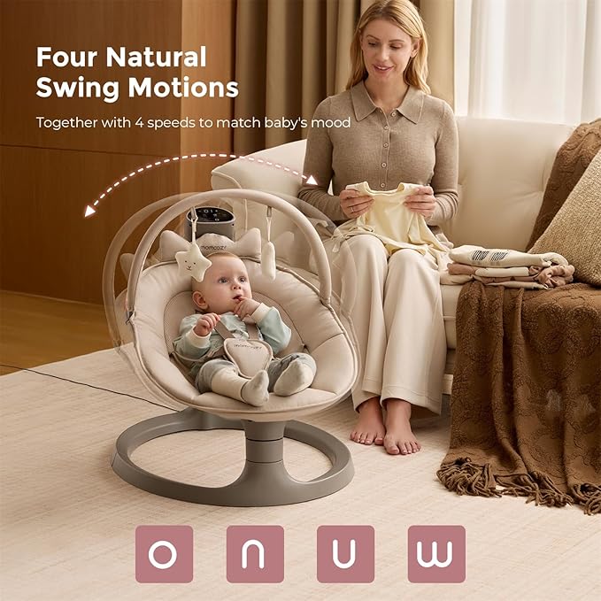 Momcozy 2-in-1 Electric Baby Swing, Dual-Arm Support System & Parent-Inspired Motions, Convertible to Toddler Seat up to 66 lbs, Adjustable Height, Lightweight, Khaki