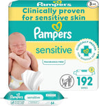 Pampers Baby Wipes Sensitive, Water Based Wipes, Hypoallergenic and Unscented Wipes, 192 Wipes Total (3 Refill Packs)