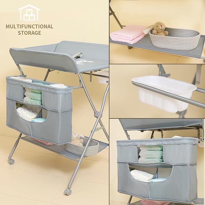 KARAOK Foldable Baby Changing Table with Wheels, Portable Diaper Changing Station with Large Storage Bag & 4-Level Adjustable Height for Newborn, Infant