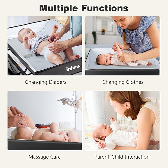 INFANS Baby Changing Table, Folding Diaper Station Portable Nursery Organizer with Safety Belt and Large Storage Racks for Newborn Baby and Infant (Black)