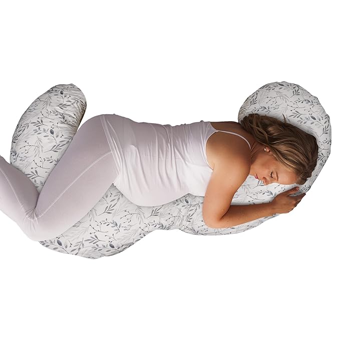 Boppy Total Body Pregnancy Pillow, Gray Scattered Leaves, Supportive Pregnancy Body Pillow for Versatile Full Body Use, Contoured Shape at All Stages