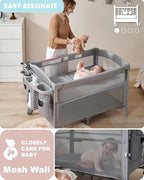 AirClub 4 in 1 Baby Bassinet Bedside Sleeper, 4 Functions Crib, Playard, Portable Changing Table, Bassinet for Newborn Baby, Bedsaide Bed w/Wheels&Brakes