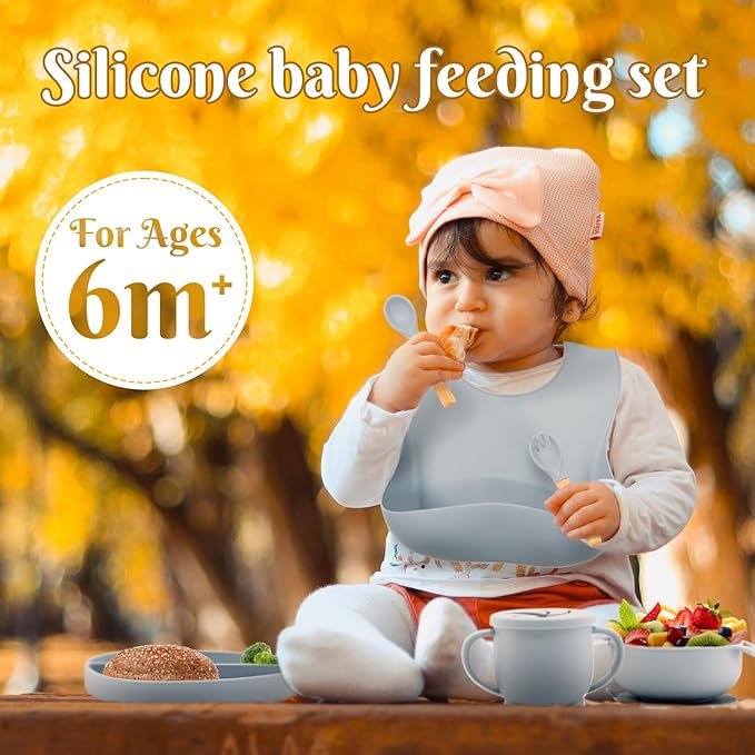 Silicone Baby Feeding Set 10 Pcs, Baby Led Weaning Supplies, Baby Feeding Supplies Set BPA Free, Baby Essentials for Newborn Gift Blue
