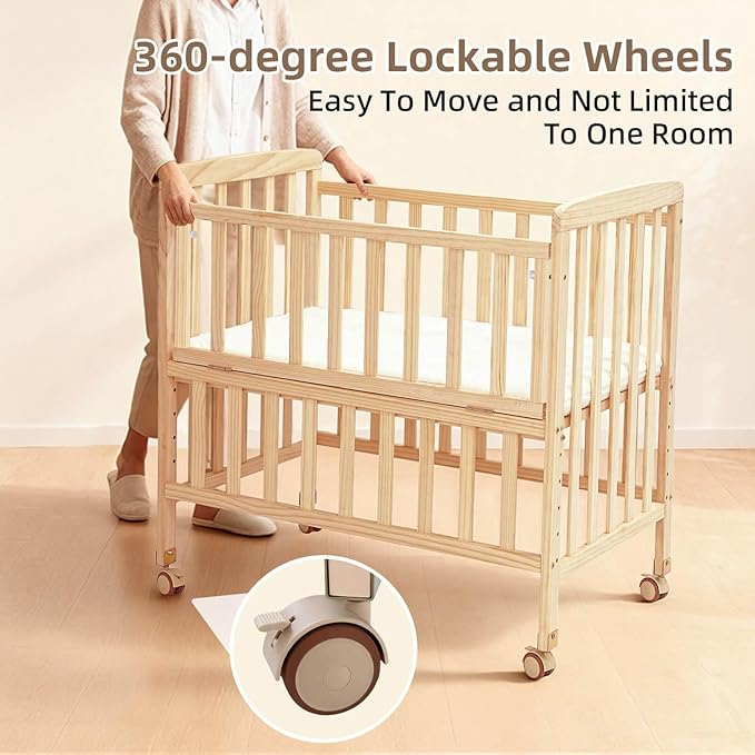 Baby Bassinets Bedside Sleeper - Portable Pine Wood Bedside Bassinet,6 Heights Small Mini Crib with Mattress,Space-Saving Design Baby Crib for Newborns 0-12 Months,Unpainted