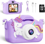 Kids Camera, Toys for Toddlers Age 3-8 Year Old Girl Christmas Birthday Gifts, Children Digital Camera with Cartoon Soft Silicone Cover and 32GB Card (Violet)
