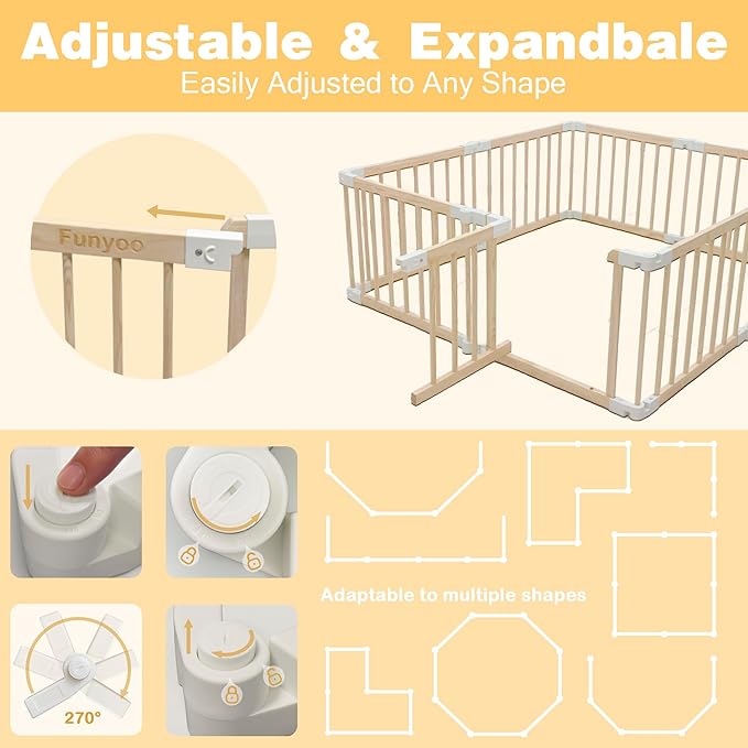 Foldable Wooden Playpen for Babies and Toddlers, Baby Play Pen with Gate, Portable Baby Fence Indoor Activity Center, Adjustable Size & Shape, 51"x 51", 8 Panels