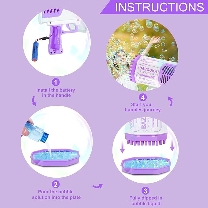 Bubble Gun, Bazooka Bubble Machine Gun, Bubble Blaster Gun with Bubble Solution, 69 Holes Bubble Bazooka Gun Outdoor Summer Toy Party Favors for Kids Purple Bubble Maker Blowers