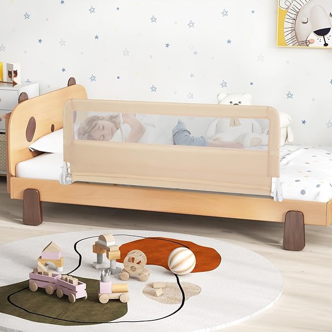HONEY JOY Bed Rail for Toddlers, 59-in Extra Long, Portable Safety Guardrail w/Double Safety Child Lock, Foldable Baby Bed Rail Guard, Fit King & Queen Full Twin Size Bed Mattress (2 Pack, Beige)