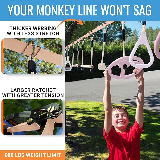 Ninja Warrior Obstacle Course for Kids – 2 x 50 ft Slacklines with 10 Weatherproof Obstacles – Monkey Net, Ratchet-Tight Technology, Supports Up to 880 lbs – Climbing & Swinging Equipment