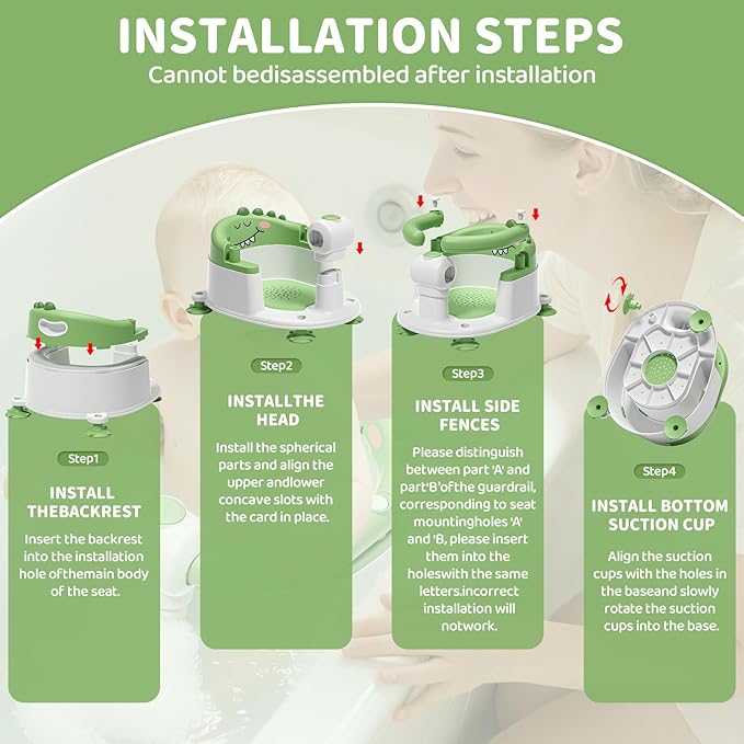 TPN Baby Bath Seat for Babies 6 Months & Up, Non-Slip Toddler Bath Seat with 5 PCS Waterproof Emoji Stickers, Portable Infant Bath Seat for Baby(Green)