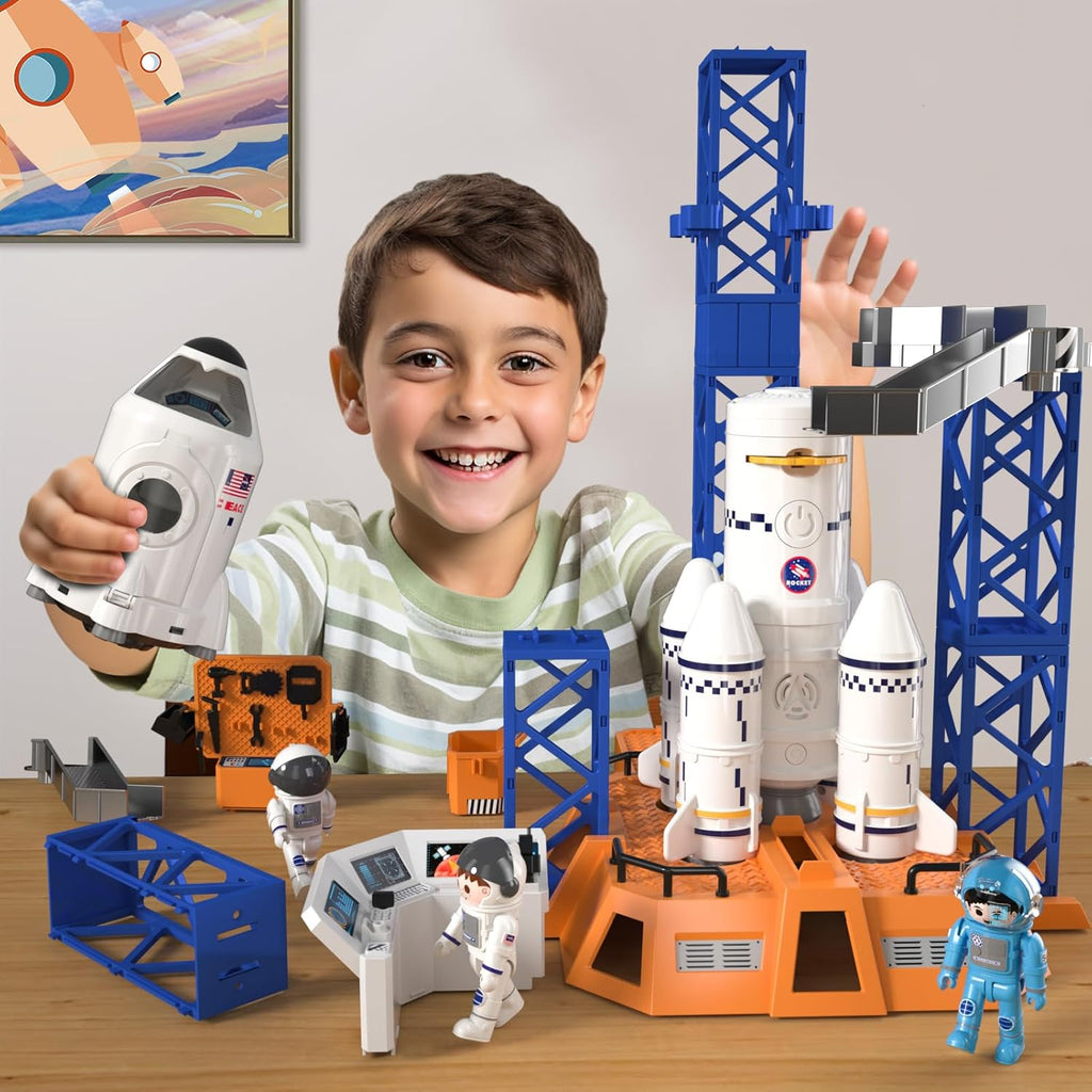 Rocket Launcher Space Shuttle Toys for Kids Boys Age 3 4 5 6 7 8 9 Years Old, 2-in-1 STEM Building Aerospace Toys with Rocket Launcher for Indoor Outdoor, Spaceship Toys Birthday Gift for Boys Girls