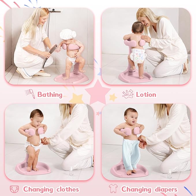Baby Shower Stand, No-Assembly Baby Bath Stand with Enlarged Anti-Slip Base, Foldable Adjustable Toddler Shower Standing Support, Soporte para Bañera de Bebe, Ideal Gift for Infant 6–36 Months (Pink)