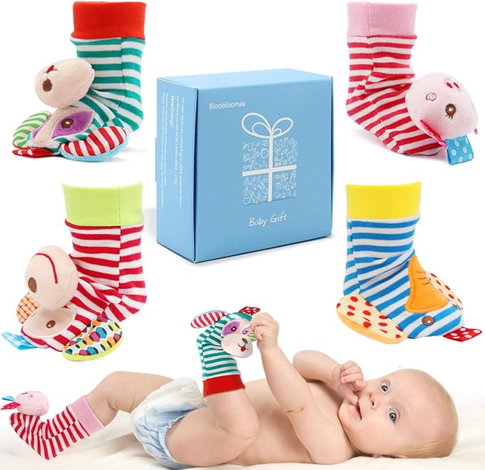 BLOOBLOOMAX Sock rattles for Babies 0-24 Months Baby Animal Foot Finder Educational Toys