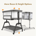 Papablic Baby Bassinet, Bedside Bassinet for Baby with Four-Sided Breathable Mesh & Soft Mattress, Adjustable Bassinet Bedside Sleeper with Storage Basket and Wheels, Easy to Assemble, Gray